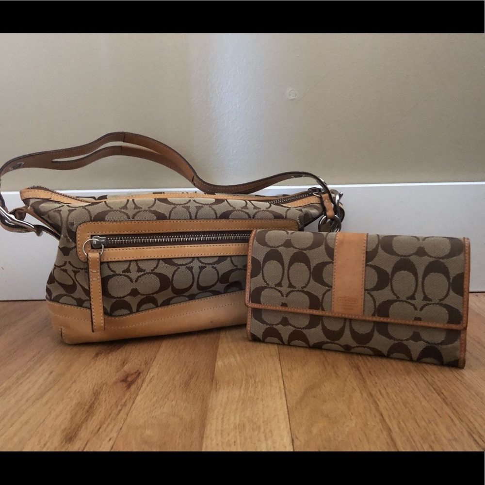 Beige and Tan Coach bag and wallet
